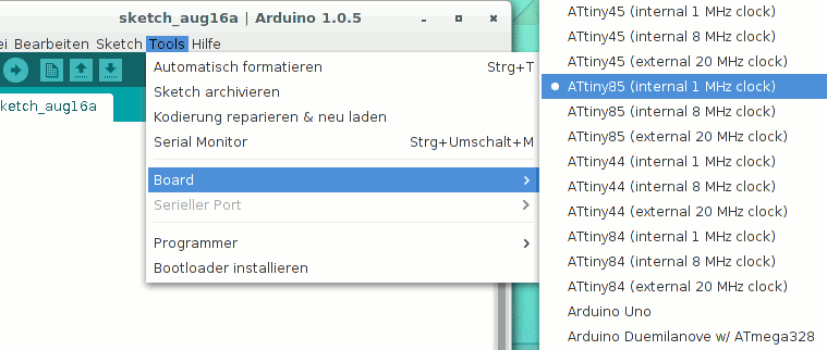 Arduino IDE 1.0 mit ATtiny